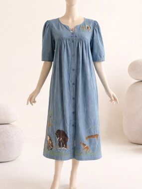 Go Softly Embroidered Animal Denim Dress